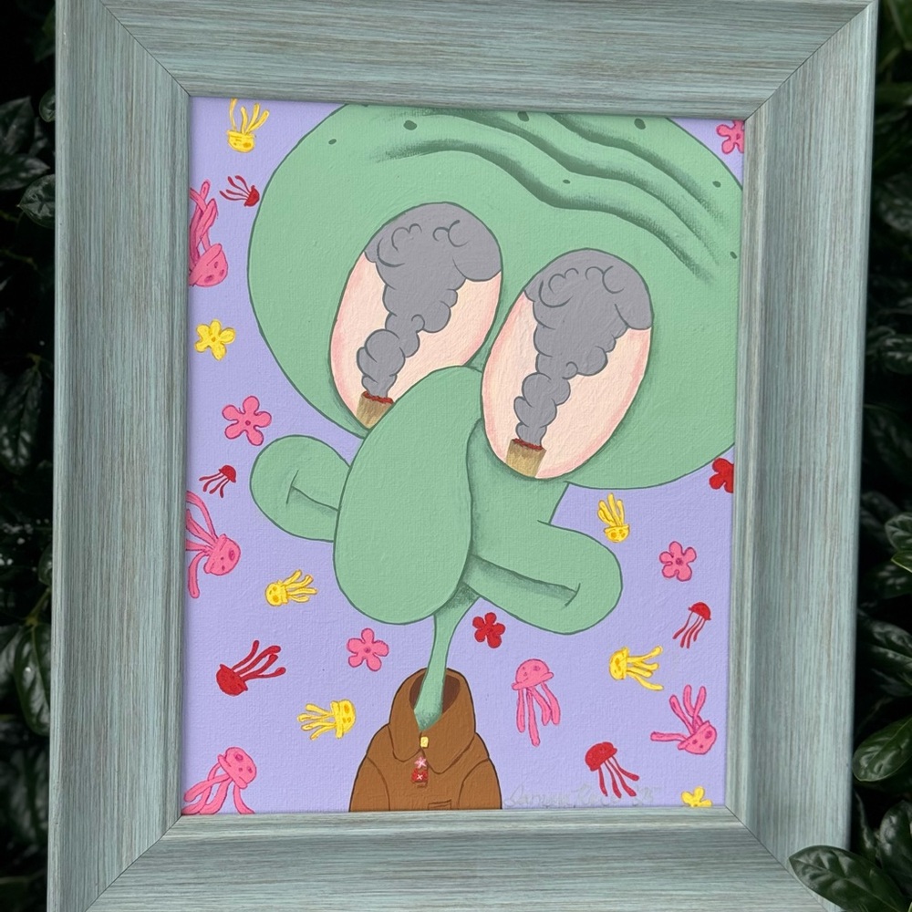 Colorful Squidward Art Print in Blue Frame